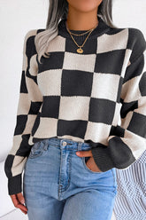 WOMEN PATCHWORK PATTERN LOOSE FIT KNITTED SWEATER